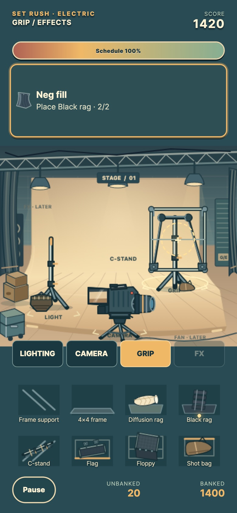 The grip shelf open with the black rag lifted and its destination ringed on the frame upstage, while the light and the built camera stand on the lit floor. The request reads Neg fill, place black rag.