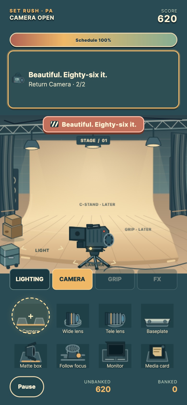 A banner across the stage reading Beautiful. Eighty-six it. The request under it says return camera, and the camera it means is ringed on the floor.