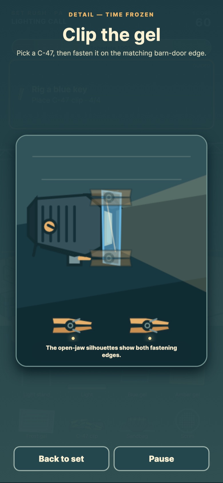 A close-up screen headed DETAIL, TIME FROZEN, titled Clip the gel: pick a C-47, then fasten it on the matching barn-door edge. The lamp head is drawn large with a blue gel across its front and two C-47 clips waiting below it.