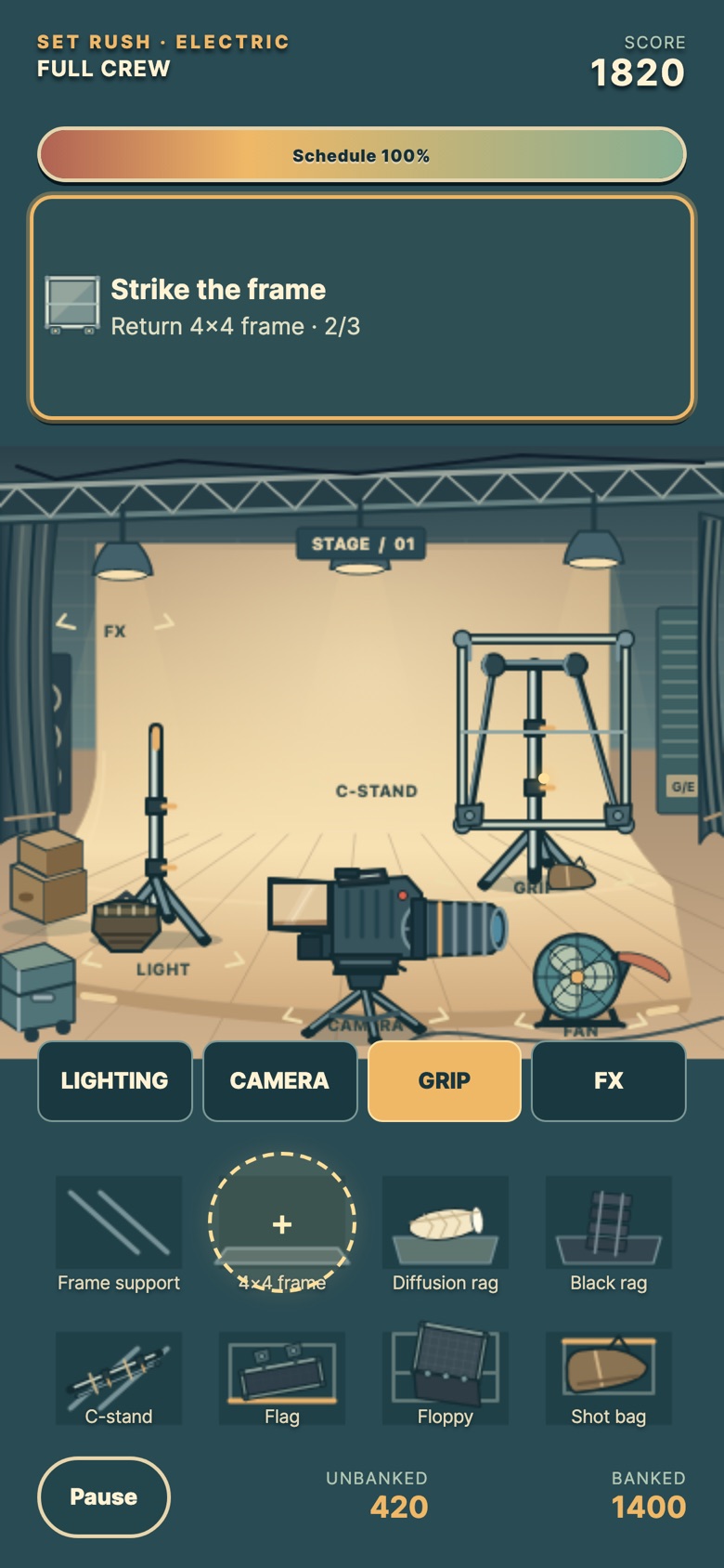 Cutvey Set Rush on an iPhone. The header reads SET RUSH, ELECTRIC, FULL CREW; the request on the board is Strike the frame, return 4x4 frame; the lit stage below carries a light stand, a camera on its tripod, a C-stand with a frame and a fan, and the grip shelf sits under the four department tabs.