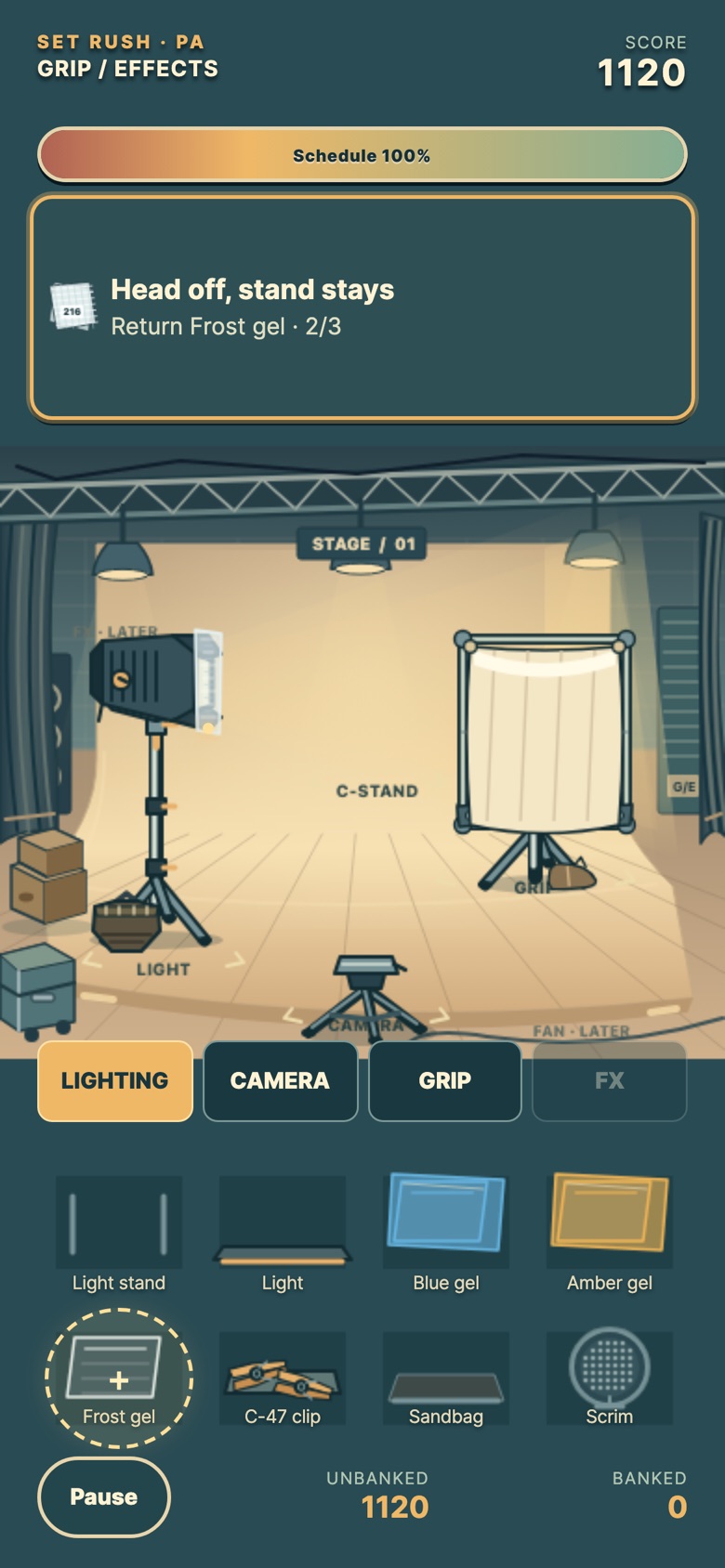 The request reads Head off, stand stays, return frost gel, step two of three. The lamp head is still on its stand with the frost in front of it, and a diffusion frame flies beside it.