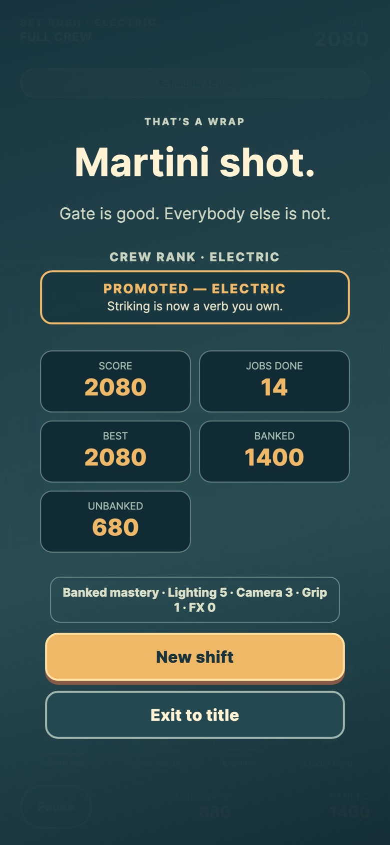 The wrap report: THAT'S A WRAP, Martini shot. Gate is good. Everybody else is not. Crew rank Electric, a promotion notice, and tiles for score, jobs done, best, banked and unbanked.